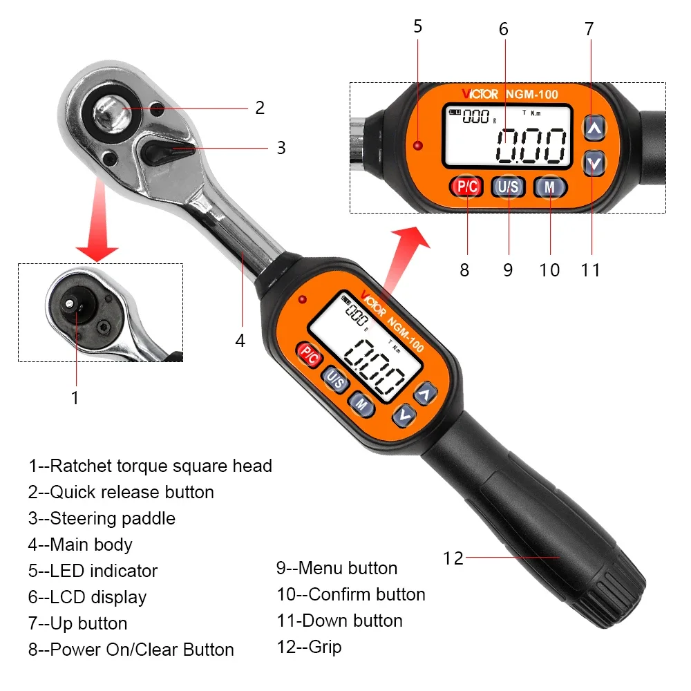 VICTOR NGM-30 자동차 디지털 토크 렌치, 1/4 230mm 길이 범위, 30N.m, 22.12lbf.ft, 265.5lbf.in, 305.91kgf.cm