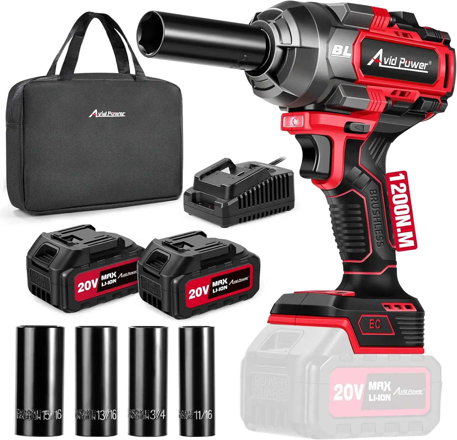 

Cordless Impact Wrench 900 Ft-lbs, 20V Brushless High Torque, 2x4.0Ah Batteries, Fast Charger & Kit for Car Tire Changes