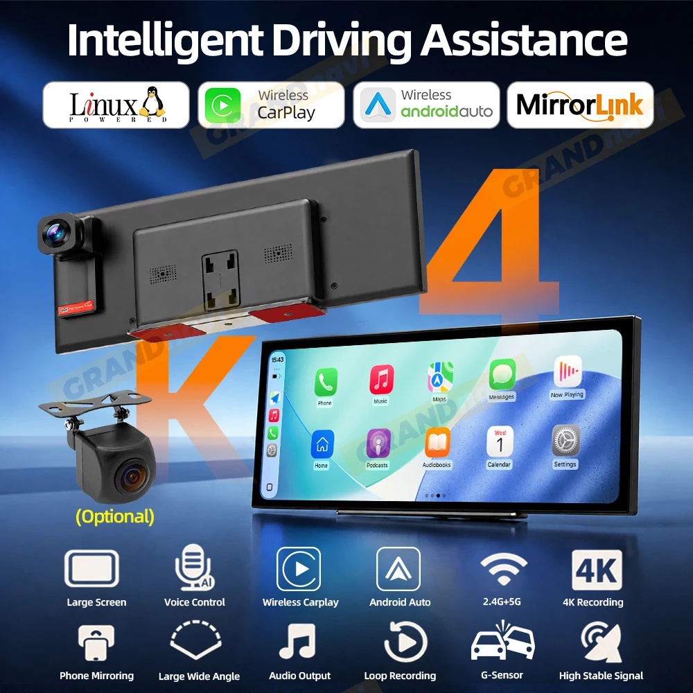 Cámara para salpicadero de 12,3 pulgadas, 4K, 1080P, grabadora de vídeo para coche con conexión inalámbrica, compatible con Carplay y Android Auto, GPS, pantalla táctil IPS.