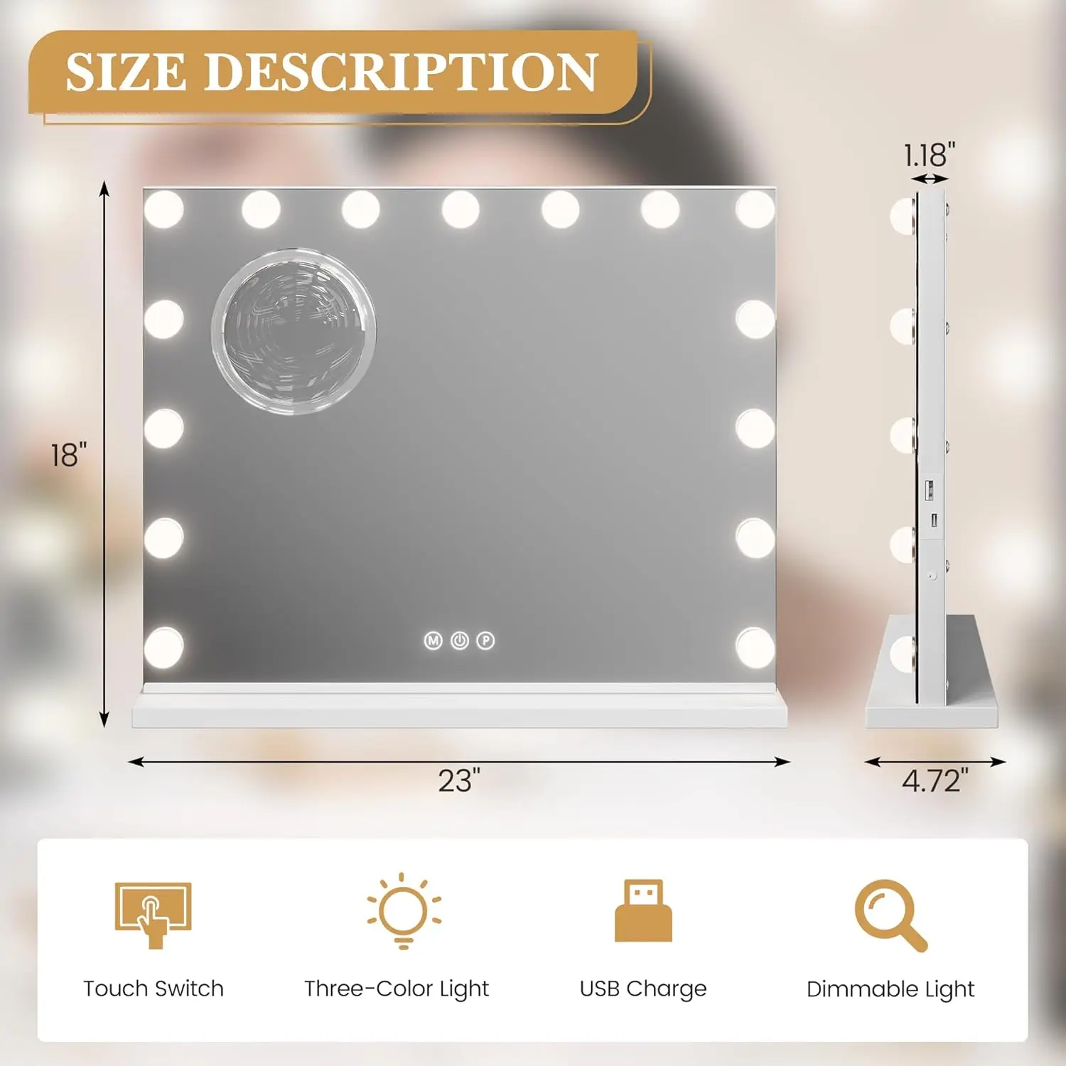 Vanity Mirror With Lights, Hollywood Lighted Vanity Mirror With 15 Dimmable Led Bulbs, 3 Color Modes, Usb Charging Port, Light