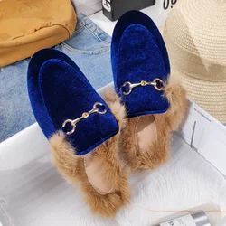 Lady Imitation Rabbit Hair Winter Warm Shoes Short Plush Front Closed Toe Half Slides For Outdoor Leather Metal Chain Slippers