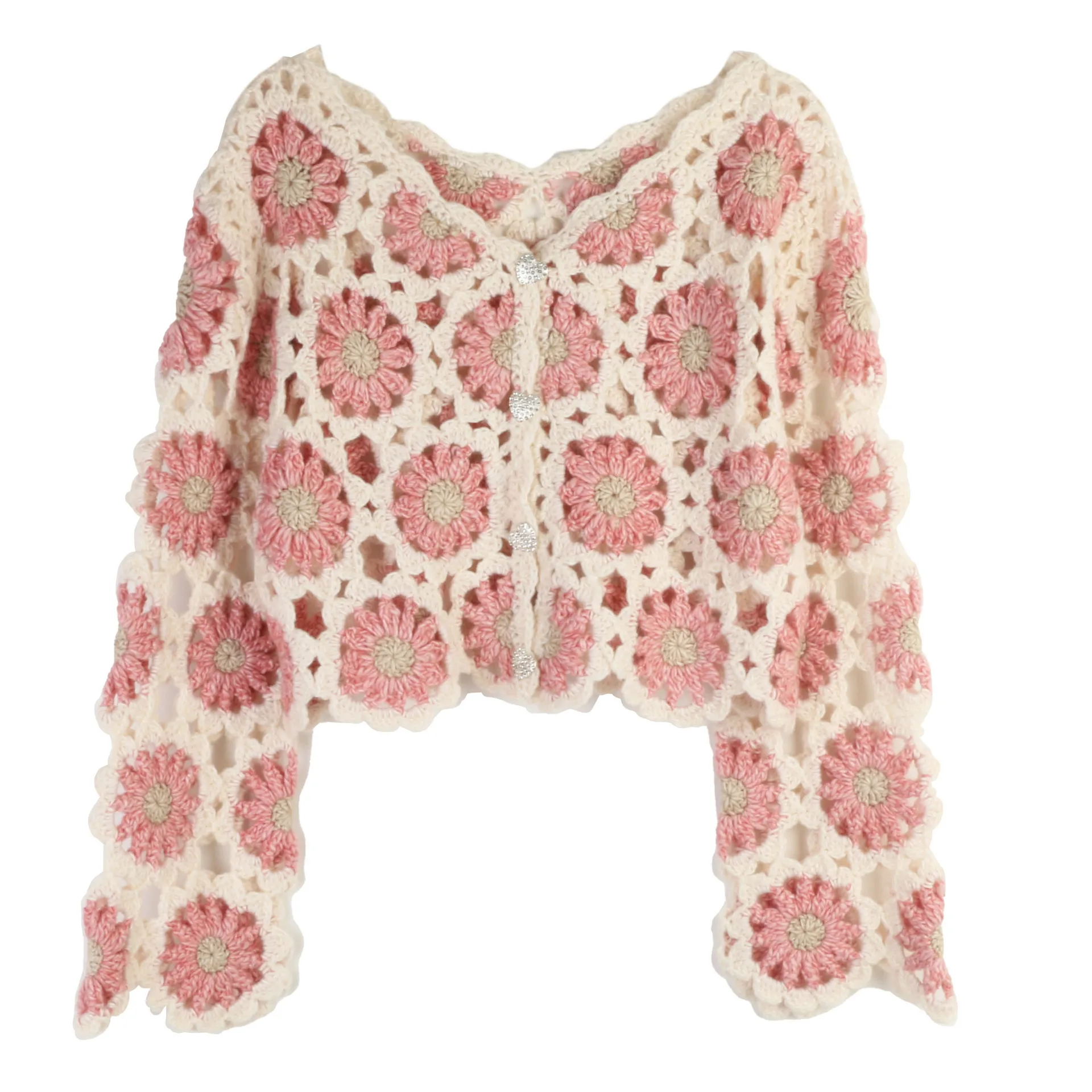 

Розовый вязаный укороченный кардиган с объемным розовым цветочным принтом и длинными рукавами, короткий вязаный крючком свитер, осенний женский свитер, кардиган