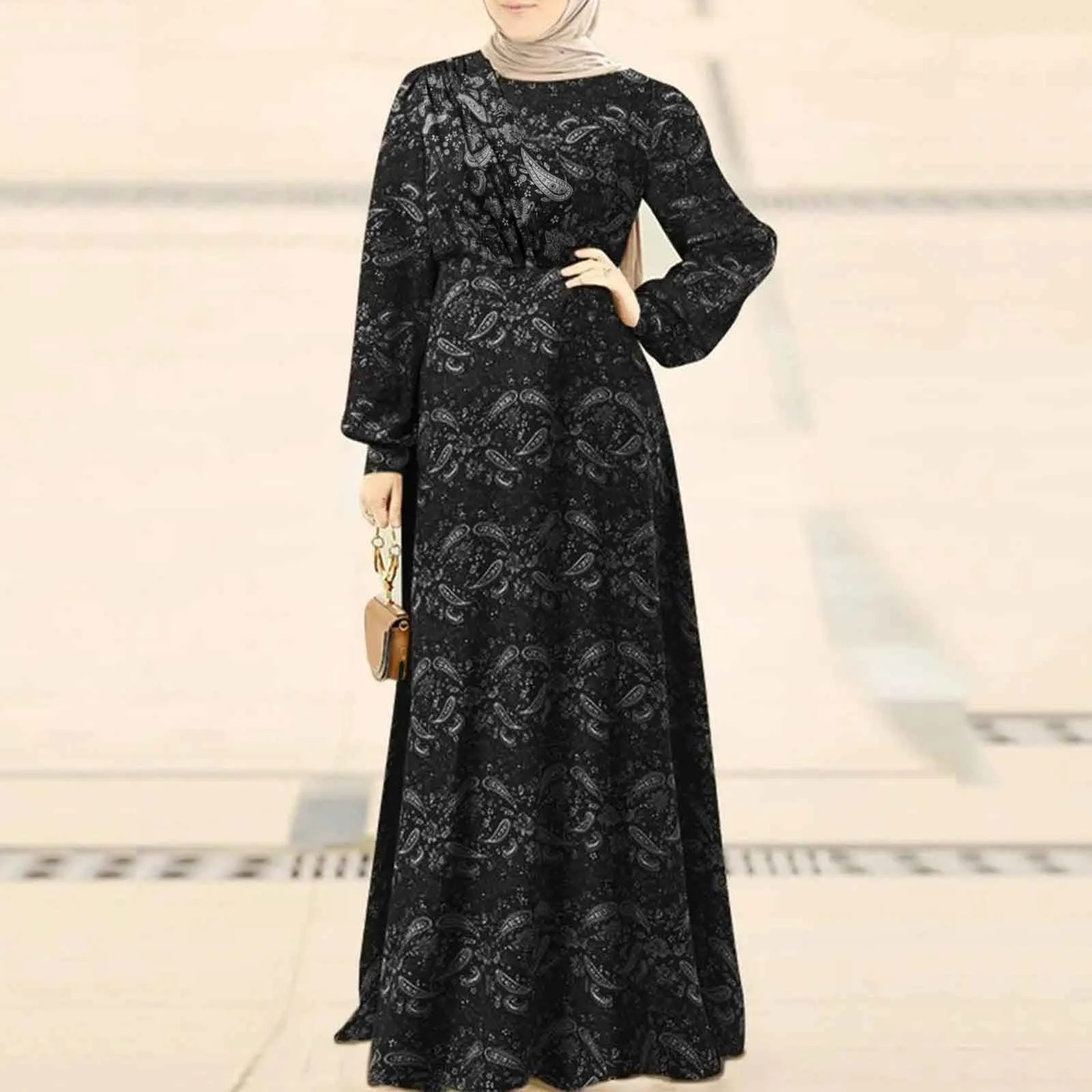 2024 Ramadan Dress Fashion Printed Waisted Pleated Back Zip Long Dress Muslim Woman Dresses Loose Dubai Abaya Islamic Dresses