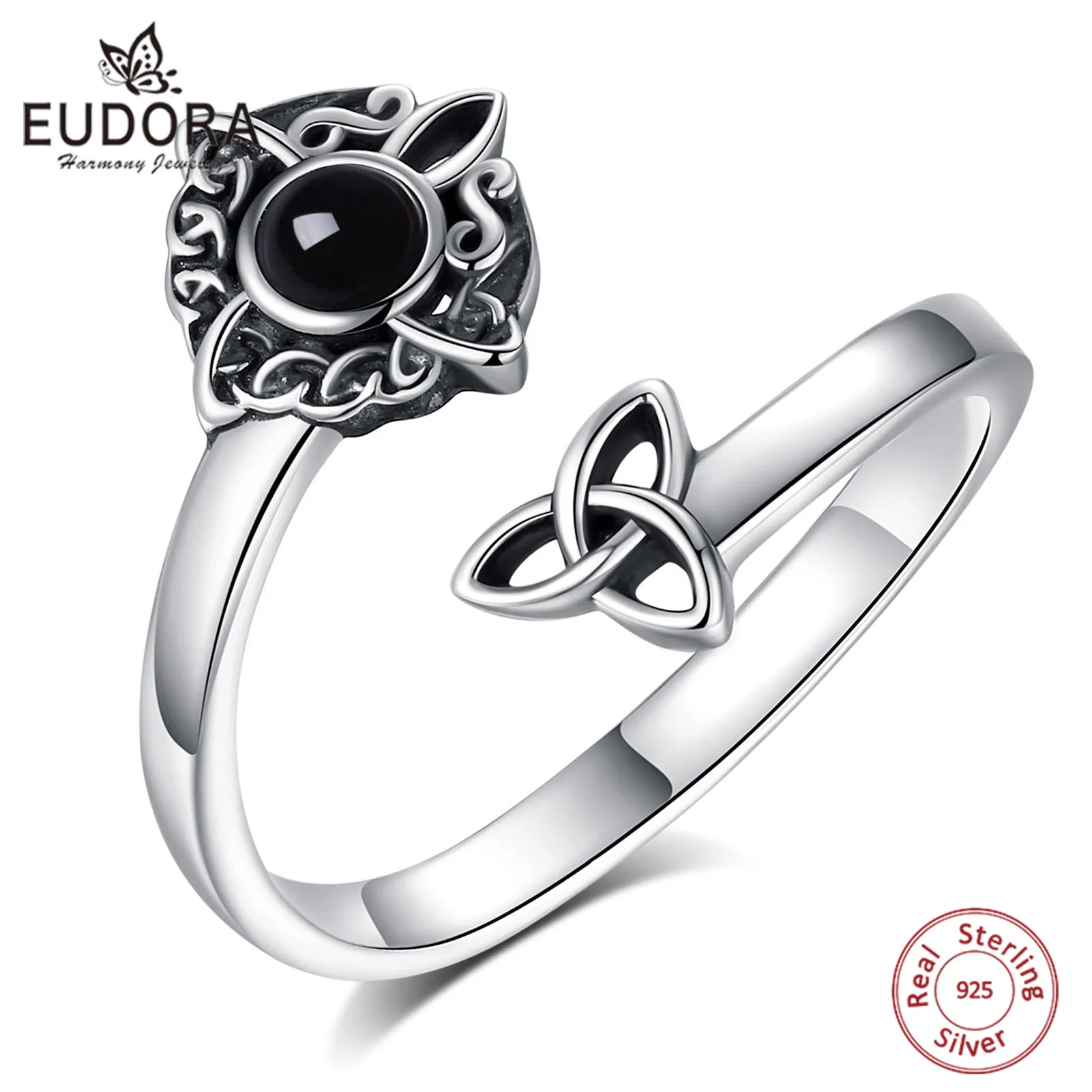 Anillo Ajustable de Obsidiana y Plata de Ley 925 Eudora, Nudo de Bruja, Anillo de Nudo Celta, Joyería Pagana, Regalo para Mujer