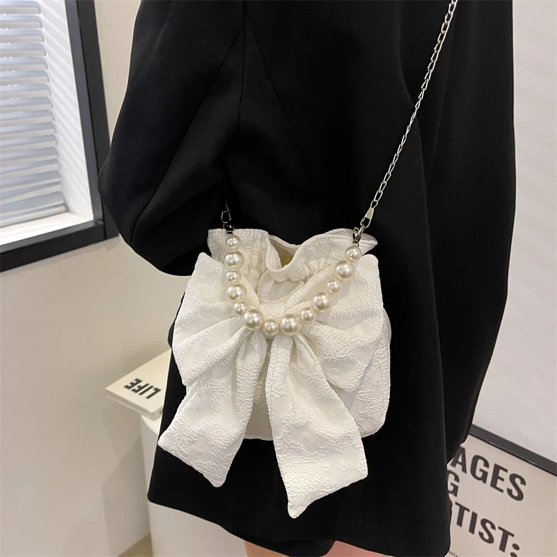 Niche Fashion Handbag for Women New Trendy Summer Versatile Cute Bow Pearl Crossbody  Bag Japanese Casual Canvas Bags