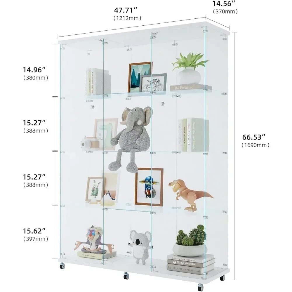 XMSJ Glass Display Cabinet, Curio Cabinets for Living Room, Bedroom, Floor Standing Glass Bookshelf, Quick Installation