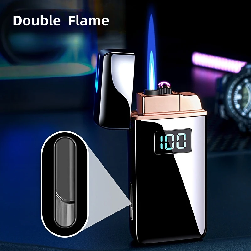 Creative Windproof Jet Blue Flame Gas Torch Lighter Digital Power Display Visual Gas Window Dual Arc Pulse USB Electric Lighters