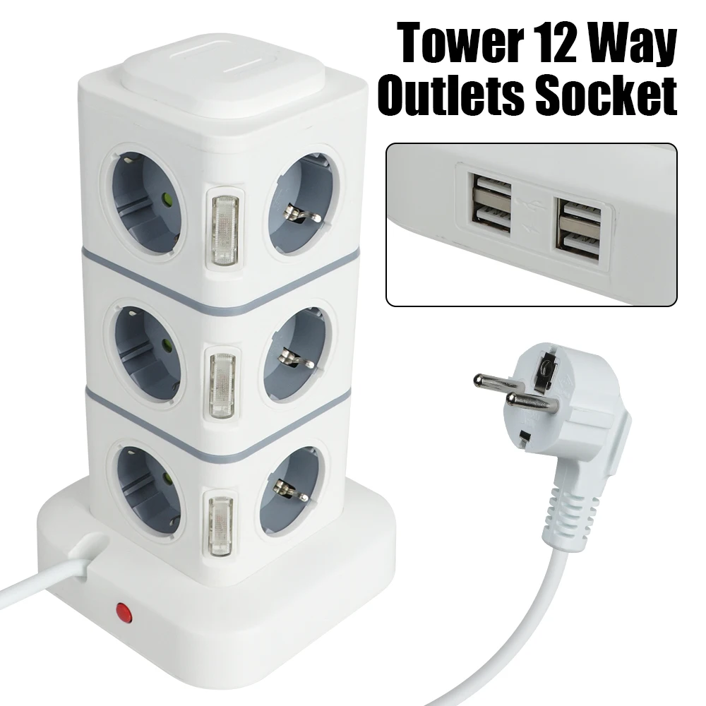 Tower 12 Way Outlets Socket 2.8m Extension Cord 5V 3.1A EU Plug Multi Power Strip Vertical with 4 USB Overload Protector Switch