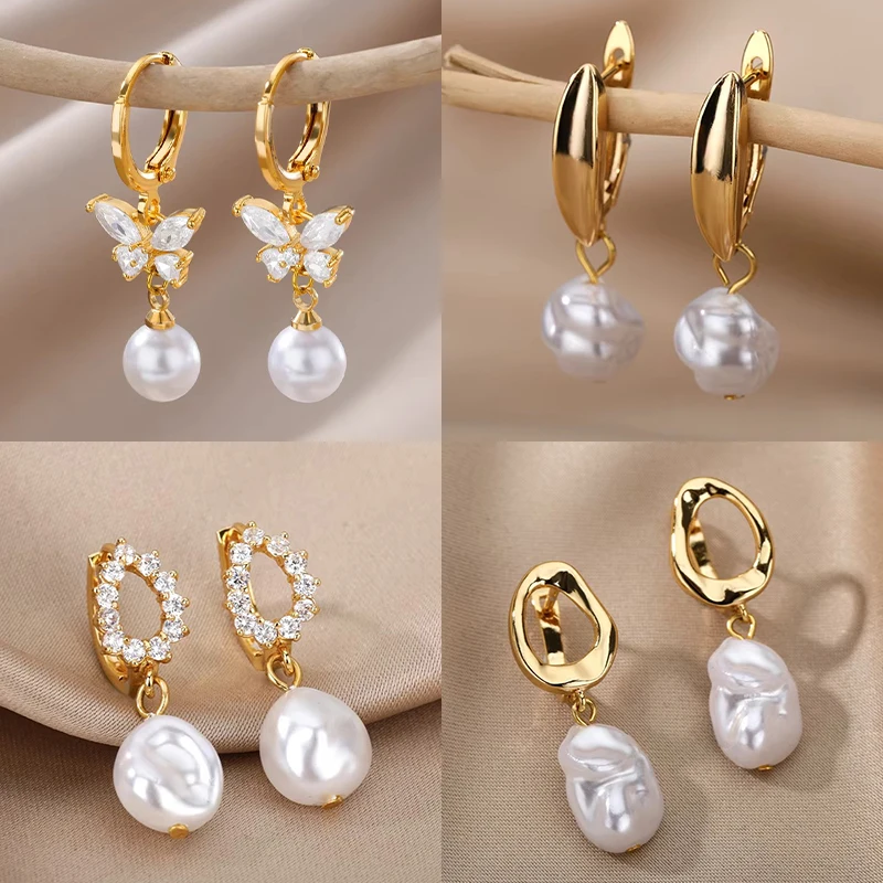 Butterfly Zircon Stainless Steel Pearl Earrings For Women Gold Plated Piercing Earring Aesthetic Luxury Jewelry Gift 2023 New