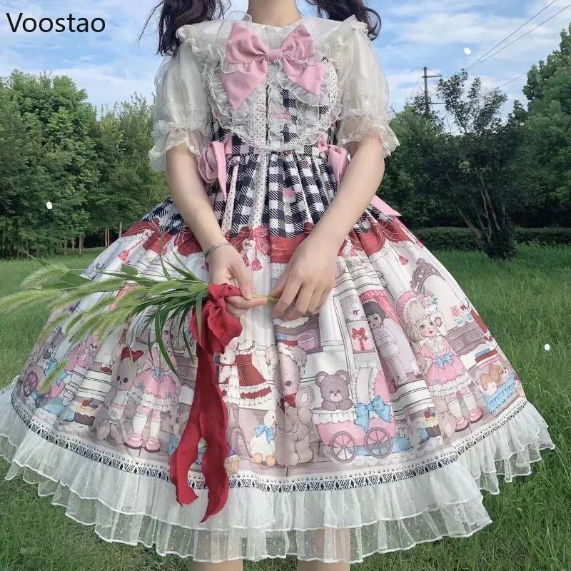 Japanische süße Lolita Jsk Kleid Frauen Kawaii Cartoon Bär Puppe drucken Spitze Rüschen Bogen Party Mini Kleider Mädchen niedlichen Prinzessin Kleid