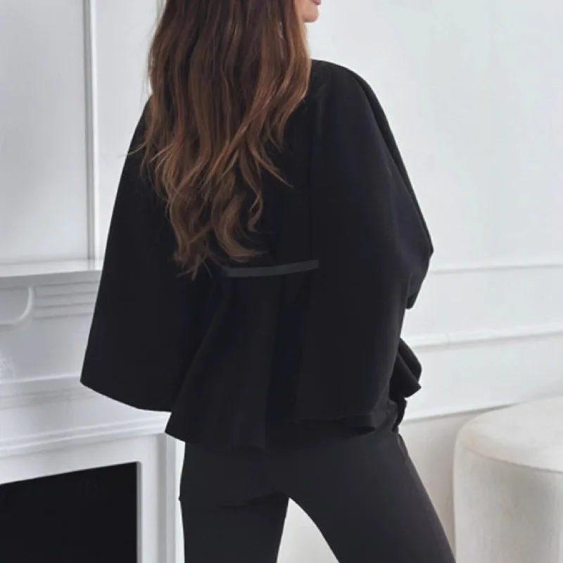 Solid Color Fashion Cape Jacket Women Casual Solid Color Loose Batwing Long Sleeves Belt Coat Female Temperament Autumn Winter