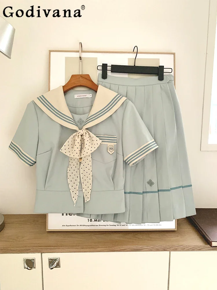 

Japanese Girl Sweet Y2k Bow JKT Uniform Summer New Fashion Slim-Fit College Style Student Skirt Suit Women Short Sleeve Tops