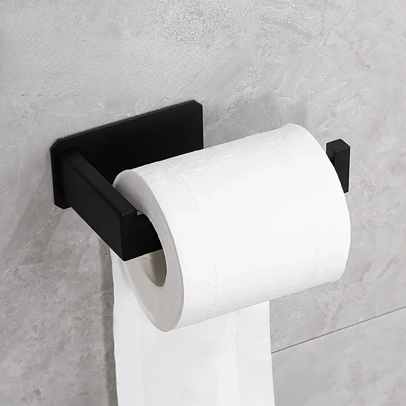 Portarrollos de papel higiénico de acero inoxidable autoadhesivo en soporte de papel tisú para baño acabado negro fácil instalación sin tornillo