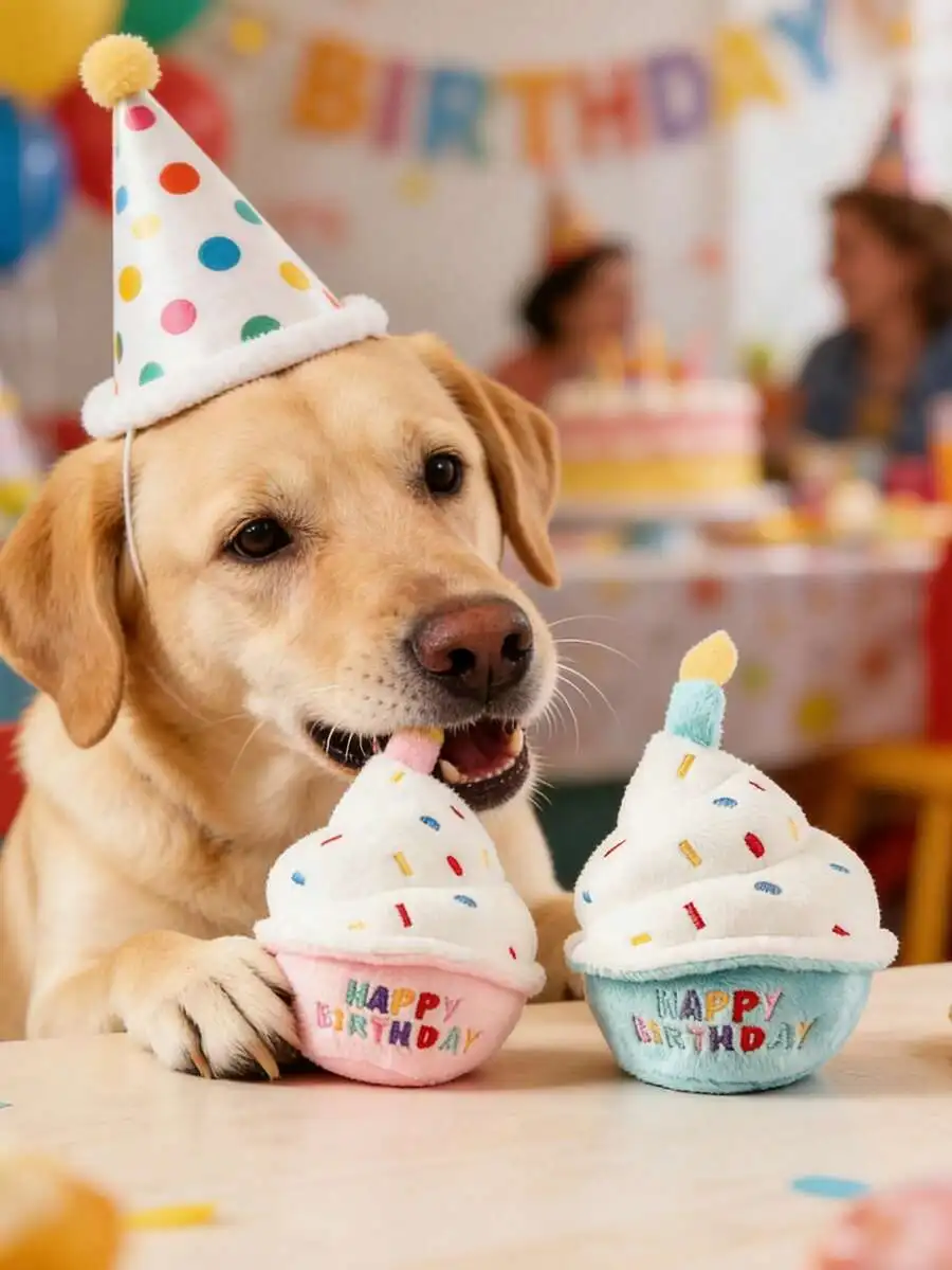 

Plush Birthday Cupcake Toy With Crinkle Sound And Embroidered Happy Birthday, Pet Interactive Toy For Dogs Cats