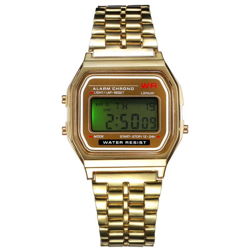 2PC Gold &  Stainless Steel Digital Alarm Stopwatch Wrist Watch Gift