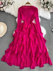 Autumn Women High Waist Pleated Ruffles Korean Version A-line Ball Gown Dress Mid Length O-Neck Long Sleeve Vestidos Spring New