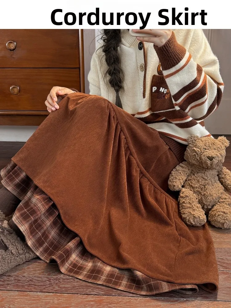 

Retro Autumn Winter Plaid Patchwork Corduroy A-Line Skirt Women's Faion High Waist Elastic Fiber Polyester Blend Skirt