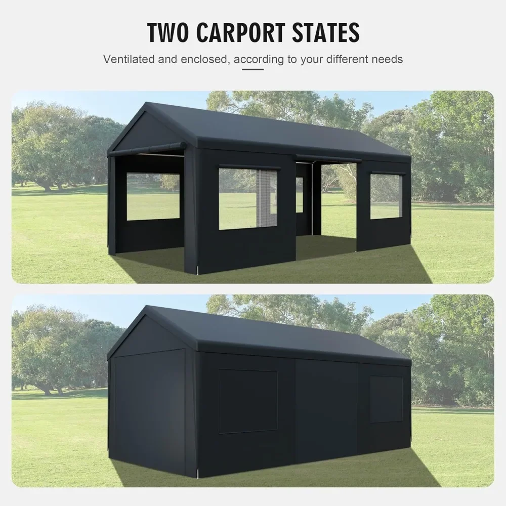 13'x 20' Carport, Heavy Duty Car Canopy Portable Garage with Removable Sidewalls and Roll-up Ventilated Doors & Windows. Gray