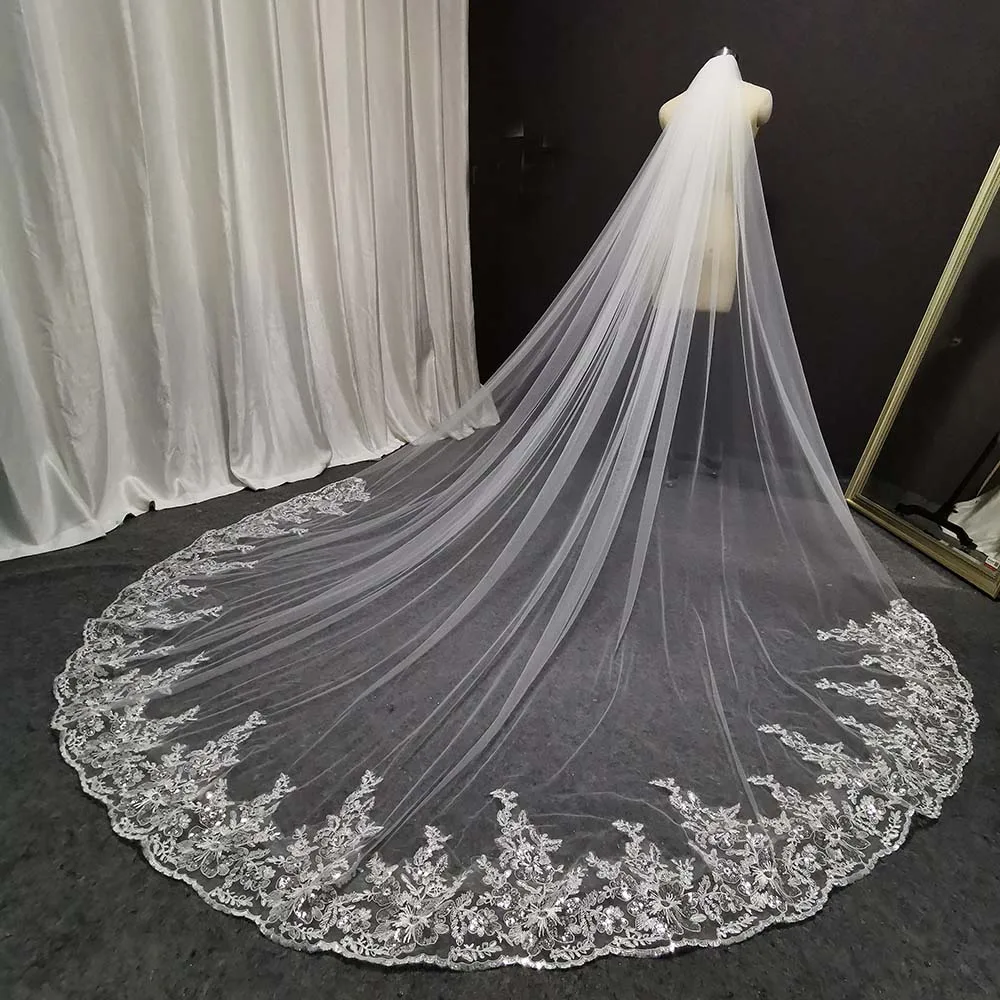 Glitter Pailletten Lace Lange Bruiloft Sluier 3 Meter Wit Ivoor Bridal Veil Wedding Hoofddeksels Bruid Sluier