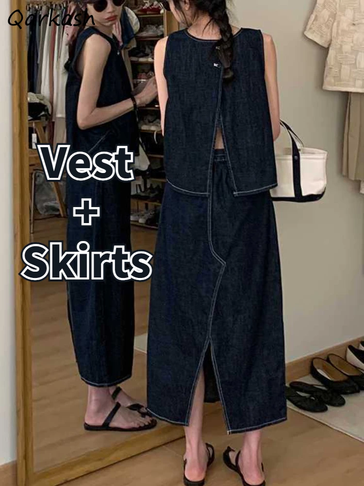 

2 Pcs Sets Women Denim Back-slit Vest Straight Midi Skirts Vintage Solid Temper Baggy Summer Streetwear Cool Clothing All-match