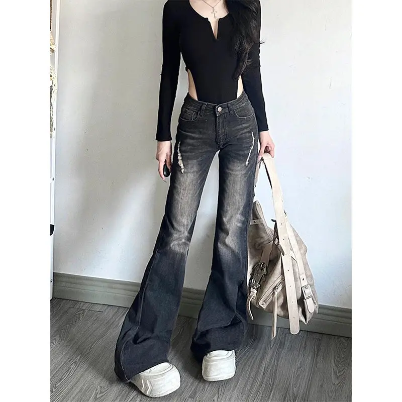 

Women's Black Washed Old Ripped Flare Jeans Y2k Aesthetic American Low Waist Hip Hop Street Loose Wide-Leg Pants Floor Trousers