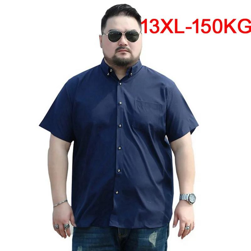 

150KG Men 8XL 9XL Shirts 10XL 7XL Plus Size Big Larger 5XL 6XL Cheap Short Sleeve Summer Dress Plaid Shirts Casual Navy Blue