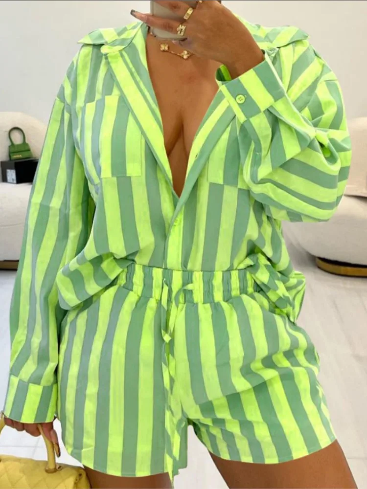 

Модные женские шорты, комплекты из 2 предметов, полосатая рубашка с длинными рукавами и пуговицами, шорты на шнуровке, костюм, женские повседневные свободные женские наряды