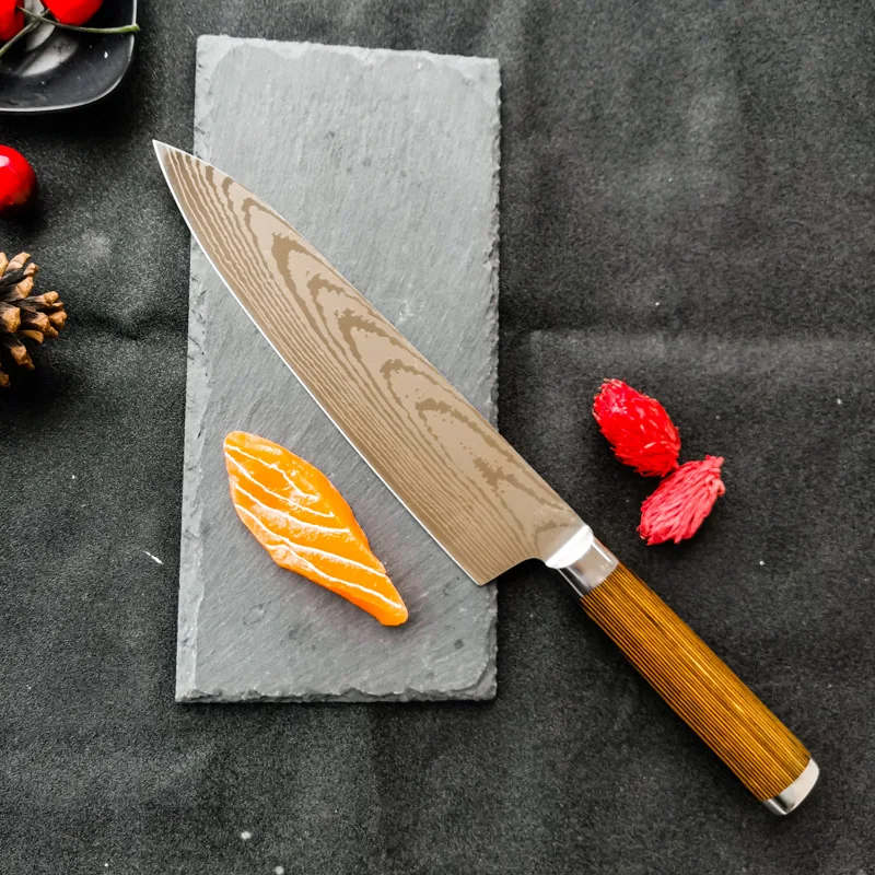 

TJ POP 8 Inch Chef Knife 7Cr17 Stainless Steel Kitchen Knives Damascus Pattern Japanese Sushi Slicing Knife Pakkawood Handle