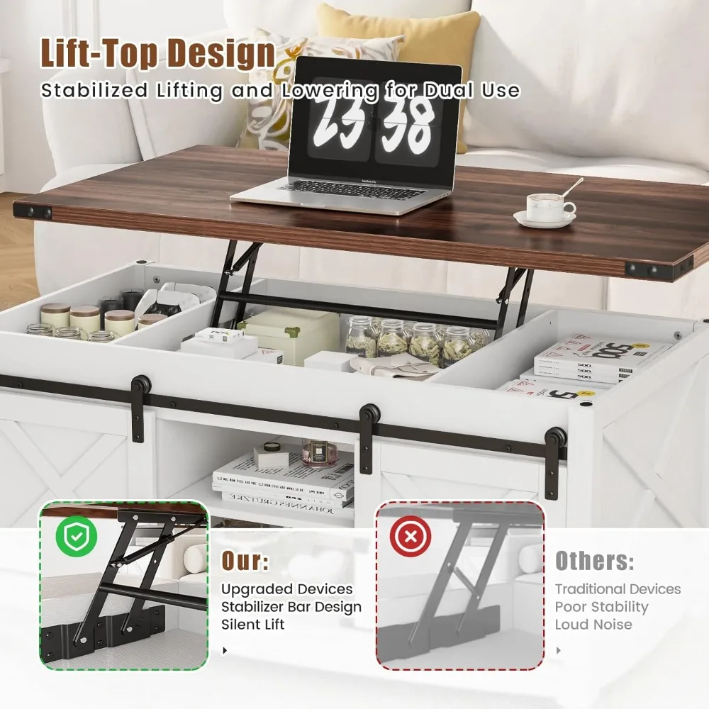 Mesa de centro elevatória de 48" com porta deslizante de armazenamento e grande compartimento oculto, mesa de centro com mesa elevatória de madeira