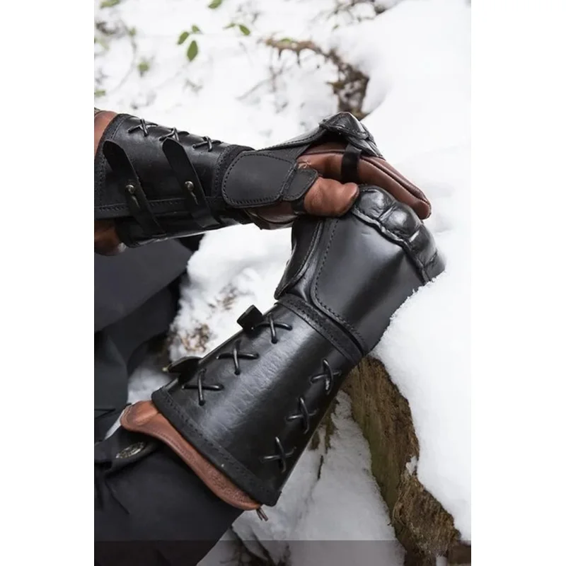 중세 갑옷 오토바이 장갑 와이드 커프스 브레이서 남자 Steampunk 전사 건틀릿 르네상스 기사 템플러 가죽 레이스 업