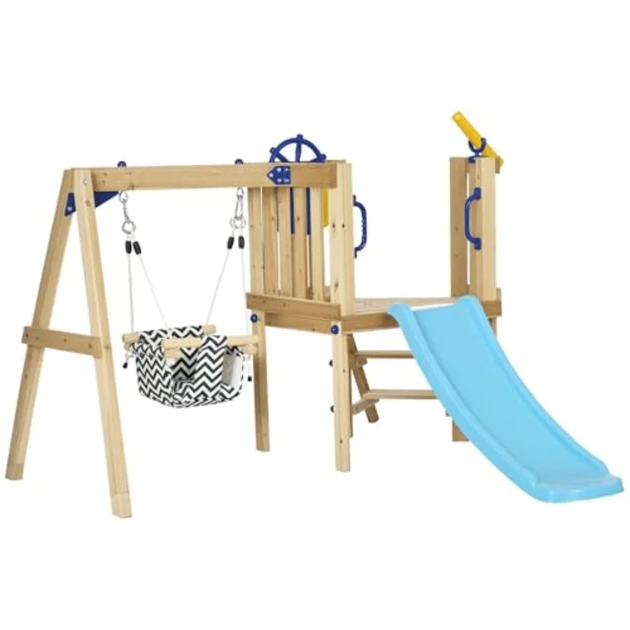 

Swing Set for Backyard Wooden Toddler Outdoor Playset with Baby Swing Seat Slide Fort Playground Equipment with Captain's Wheel
