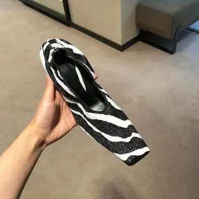 Carpaton Square Toe Women High Heel Shoes Zebra Printed Thin Heels Pumps Wrinkled Elastic Band Witch Dress Shoes Black White