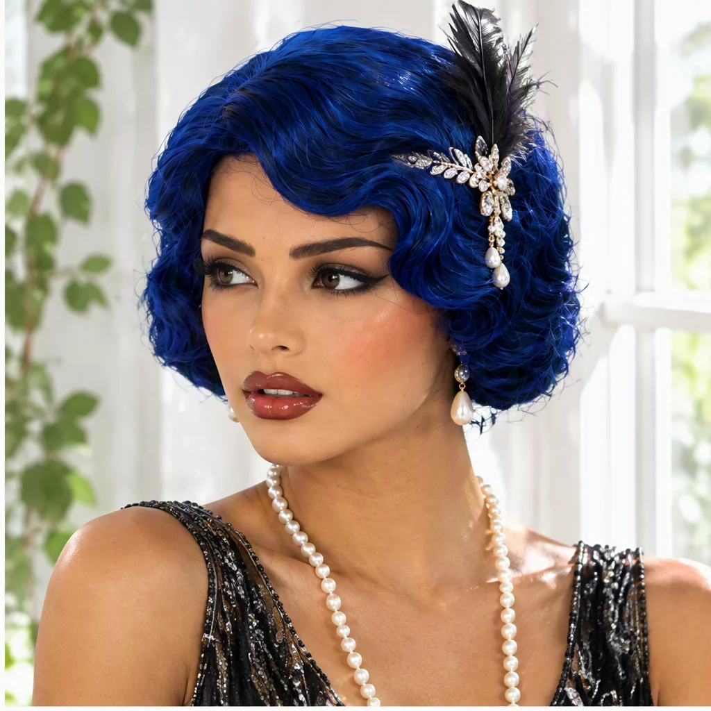 Royal Blue Short Finger wave Wig 1920s great gastby costume wigs for women Halloween Party