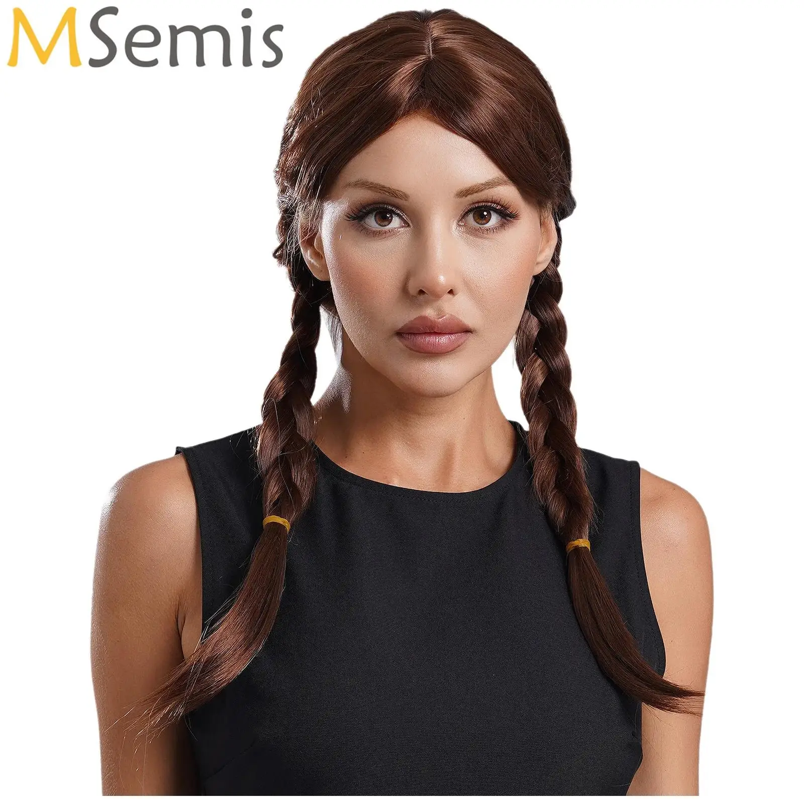 Brown Womens Fairytale Princess Cosplay Wig with Double Braids Breathable Mesh Cap Synthetic Wig for Halloween Stage Performance