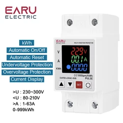 63A 230V Din Rail 3IN1 Display Adjustable Over Voltage Current and Under Voltage Protective Device Protector Relay 220V KWH