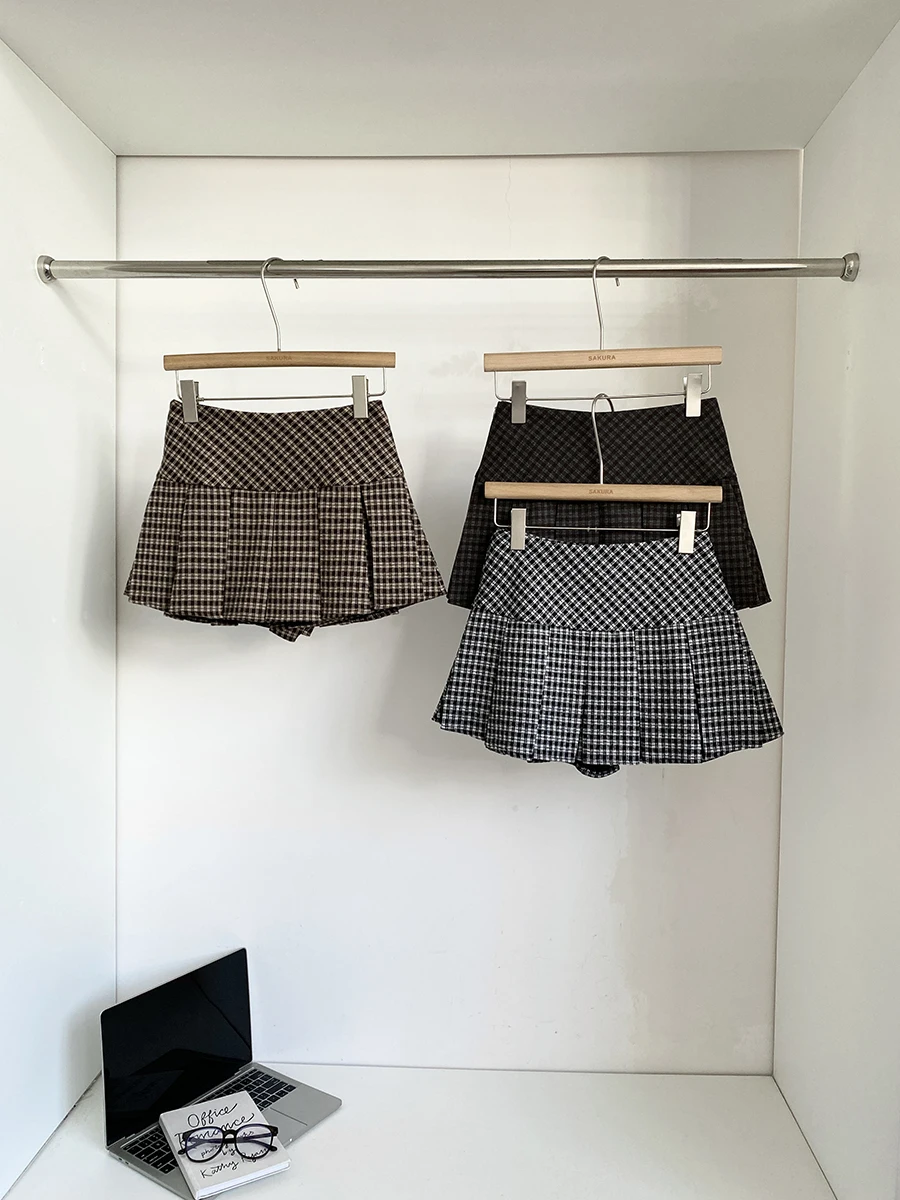 Korean Style Commuter Plaid Pleated Short Skirt Women's Autumn Winter High Waist Slim Fit Woolen  Skirt College Style