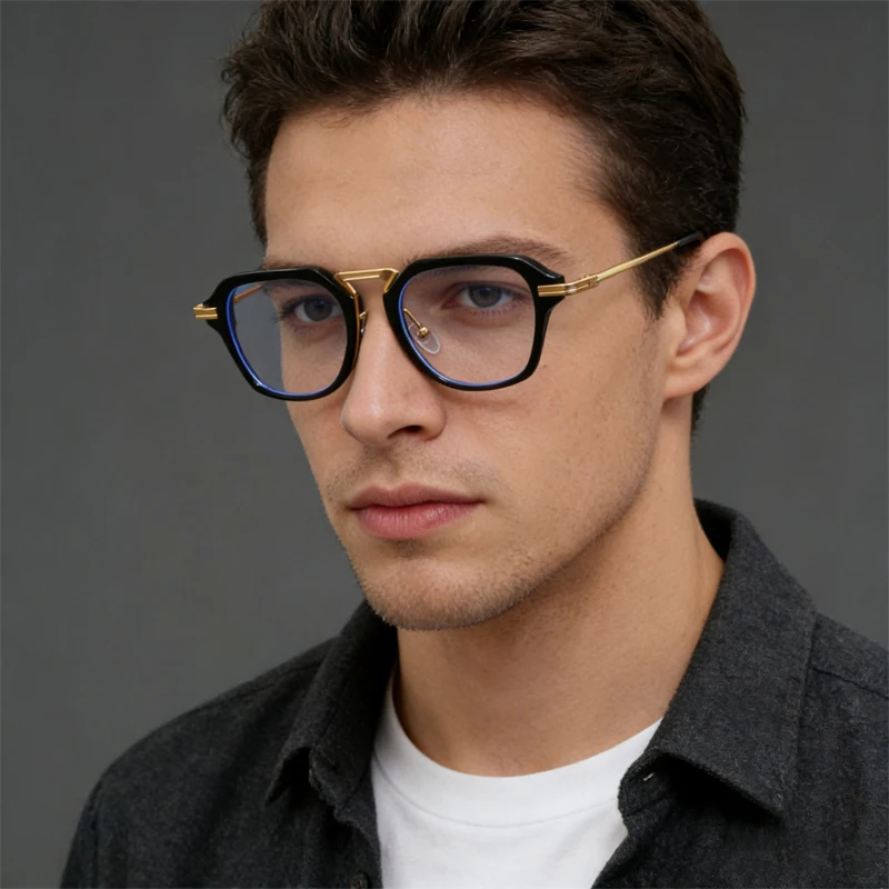 Luxuriöse Retro-Quadratische Brillen für Herren mit Dickem Acetat-Rahmen und Metall-Mix, Blaulichtfilter-Brillen für Büro und Alltag