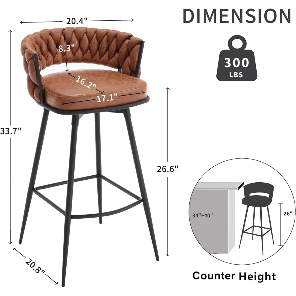 Taburetes de Bar con respaldo tejido y reposapiés, taburete de tela de gamuza, altura de mostrador, Isla de cocina, 26 pulgadas, Juego de 2