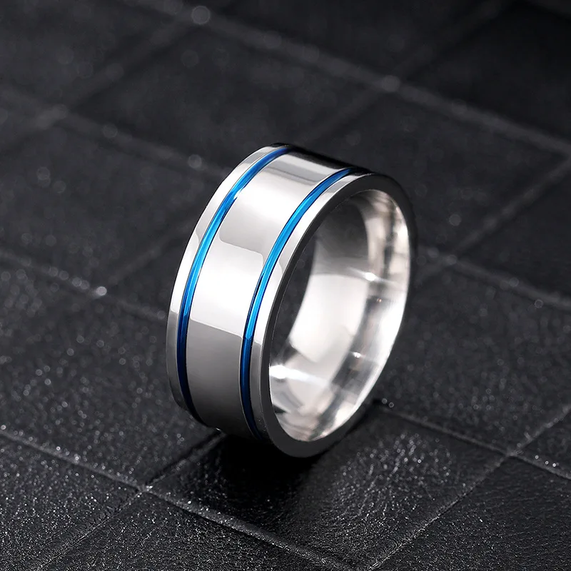 

Huajie Simple Blue Line Stainless Steel Rings Mens Silver Tone Classic Versatile Daily Wear Personality Creativity Jewelry