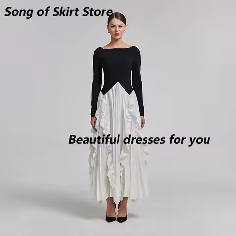 Contrast Color Evening Dress Customized Long Sleeve Ruffles Ankle Length A Line Prom Dress Formal Occasion Gown Custom Size