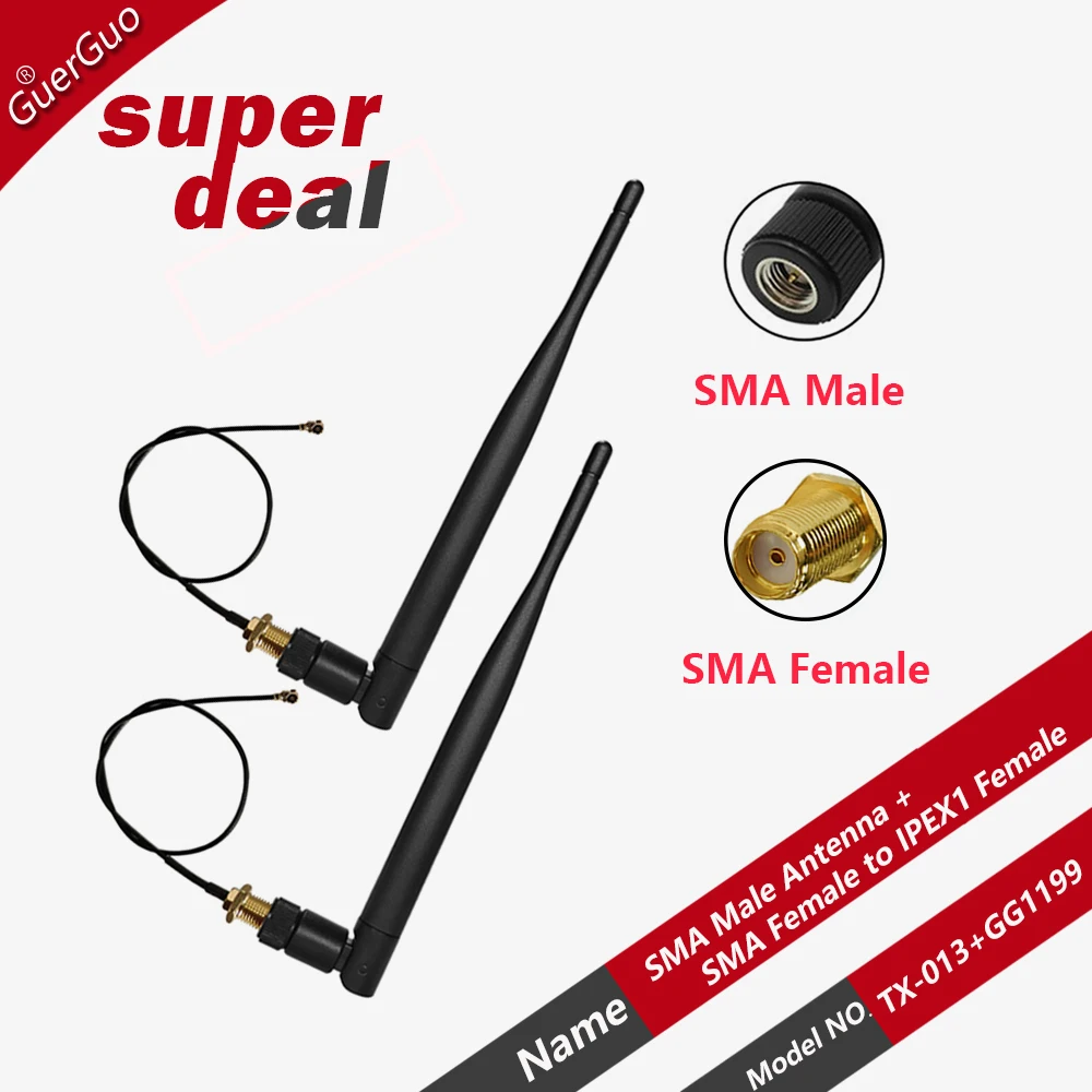 2Sets 2.4G Antenna 5DB SMA Female Wifi 2.4GHz Antenna IPX IPEX1 Female to SMA Pigtail Extension RF 1.13mm Cable Module Antenna