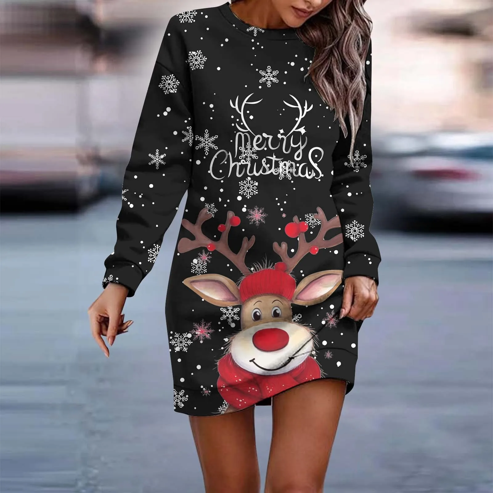 Women Bag Hip Long Sleeves Hoodies Sweatshirts Dress Christmas Printed Pullover Hip Pack Dress Merry Christmas Elk Prints Dress