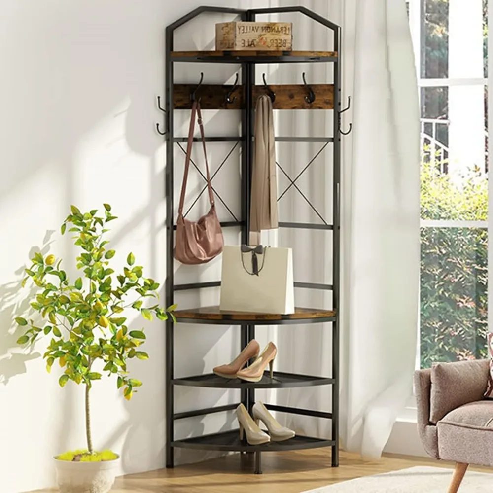 

Corner Coat Rack with Shoe Storage, Corner Shoe Rack Freestanding, Industrial Entryway Hall Tree with Bench and Shoe Storage