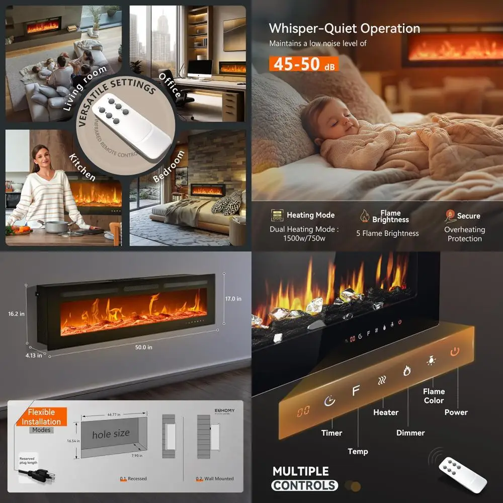 

50-дюймовый электрический камин для встраивания в стену с регулируемым цветом пламени, обогревателем, пультом ДУ, таймером, сенсорным экраном и эффектом дров