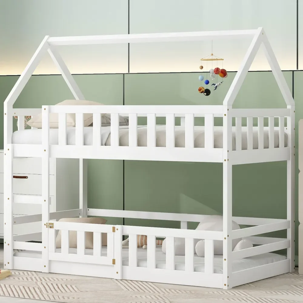 Children Beds Twin Over Twin House Bunk Bed with Fence and Door, White Bunk Beds for Kids Twin Bed  Baby Furniture Wooden Bed US