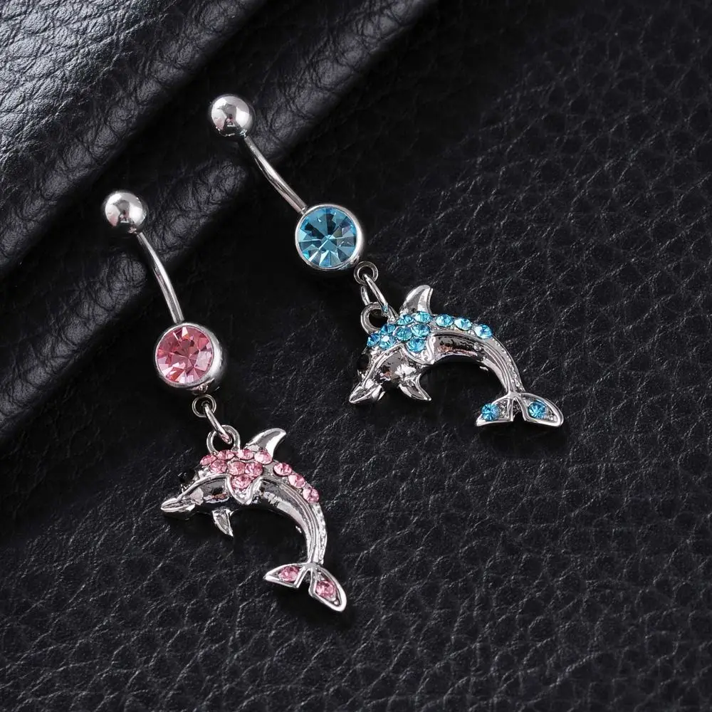 Cute Alloy Dolphin Belly Button Ring Unique Allergy-proof Rhinestone Tassel Long Body Piercing Jewelry