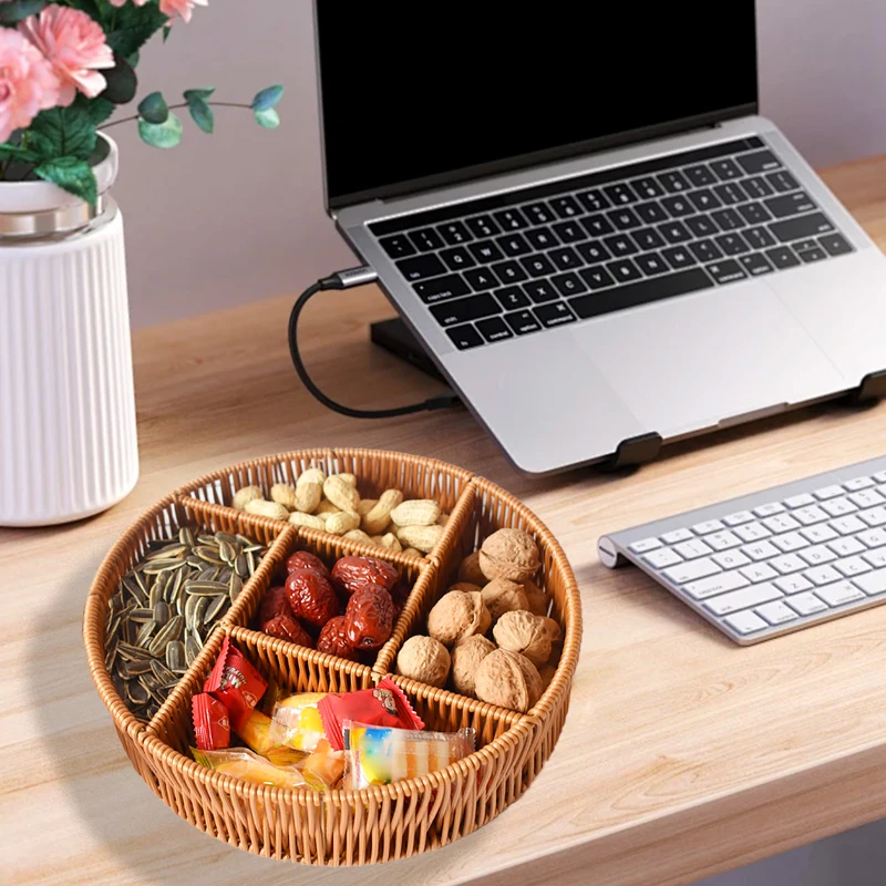 Imitation Rattan Woven Basket Snack Basket Reinforced Storage Basket Bread Basket Fruit Tray Round Three-cell Display Basket