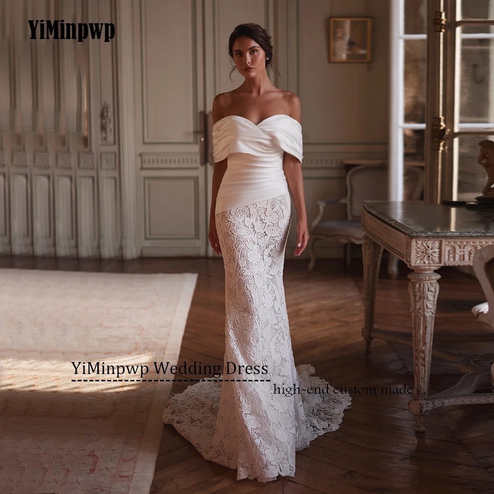 

Lace Luxury Wedding Gowns Applique Off Shoulder V-Neck Satin Mermaid Bride Dresses For Women Strapless Sweep Train Customized