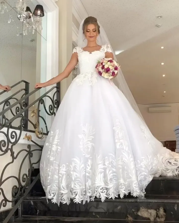 Elegante Vestido de novia Línea A, cuello en V, manga corta, con apliques florales, 2022