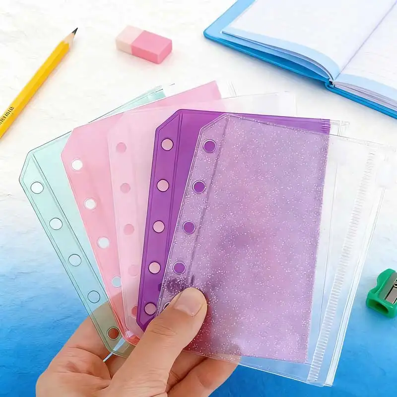 

5Pcs M5 Color Zipper Binder Pockets Loose Leaf Bags Card Organizer Binder Cover Accessories Waterproof PVC Storage Pouch Office